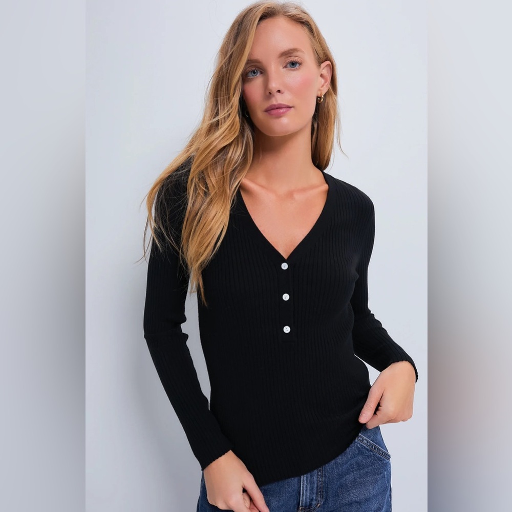 Tuckernuck Black Ribbed V-Neck Henley Top